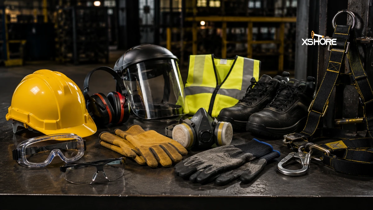 Industrial PPE and safety equipment including helmets gloves boots and harnesses
