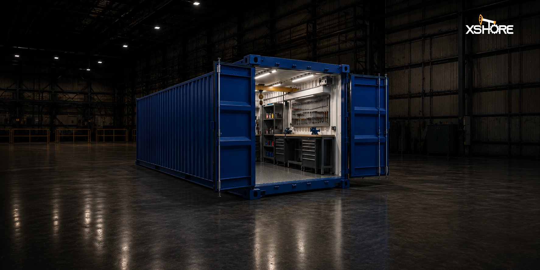 Workshop container with workbench tool storage ventilation and lighting